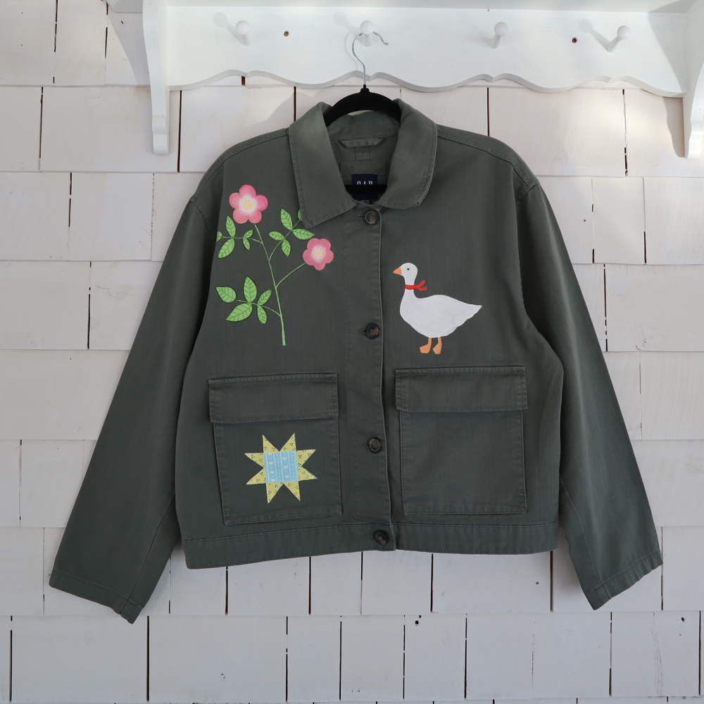Hand Painted Olive Utility Jacket Rose Goose Patchwork Quilt Star L • XL • 2XL - Picture 3 of 13